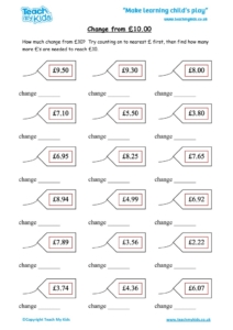 Worksheets for kids - change-from-£10